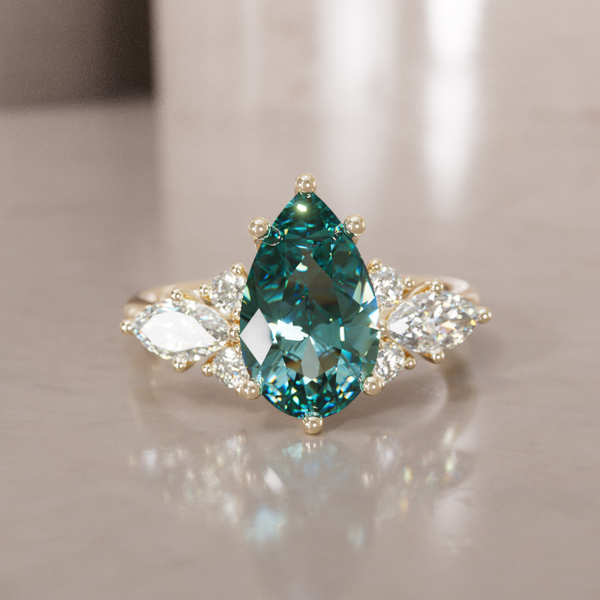 Fantasy Engagement Ring with Pear Shape Teal Sapphire and Diamonds By Valley Rose