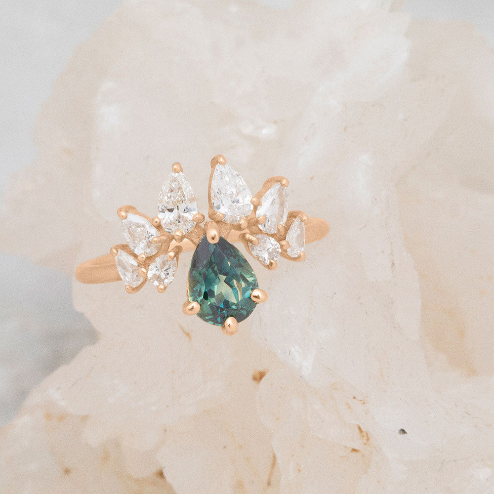 Fantasy Engagement Ring with Pear Shaped Teal Sapphire By Valley Rose