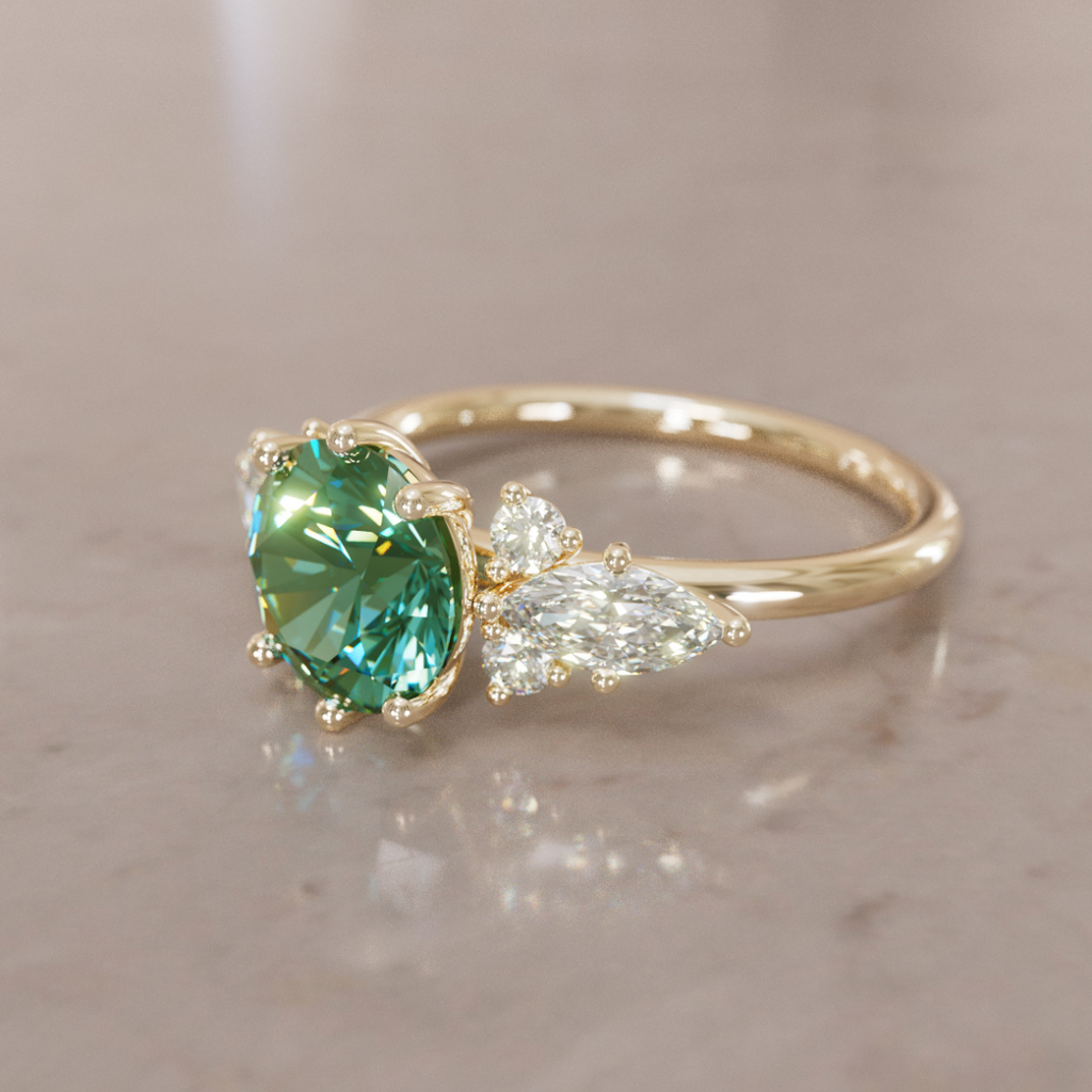 Fantasy Engagement Ring with Round Green Sapphire and Diamonds By Valley Rose