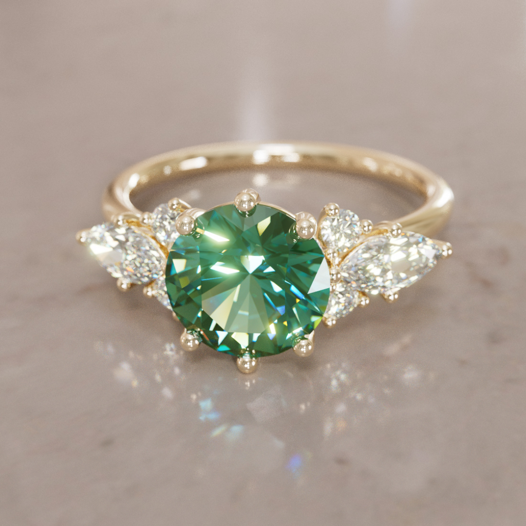 Fantasy Engagement Ring with Round Green Sapphire and Diamonds By Valley Rose