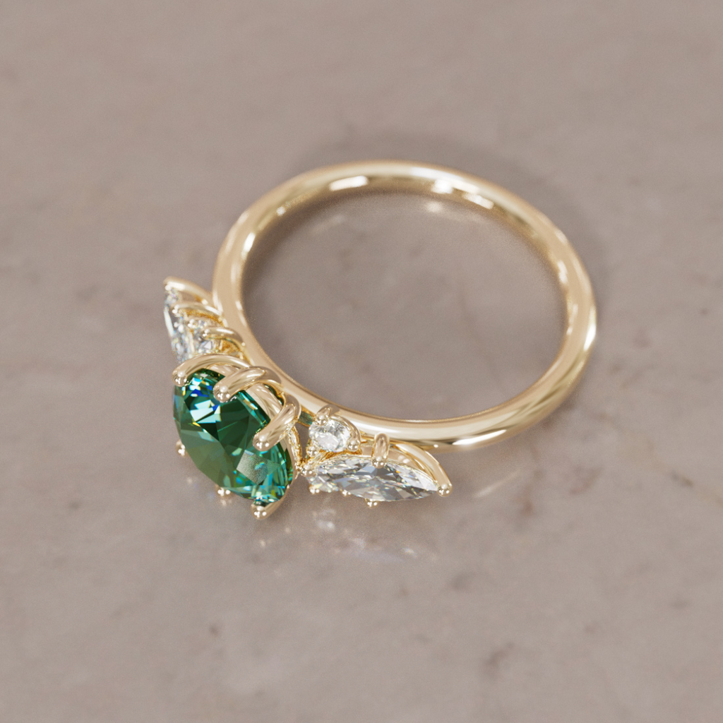 Fantasy Engagement Ring with Round Green Sapphire and Diamonds By Valley Rose