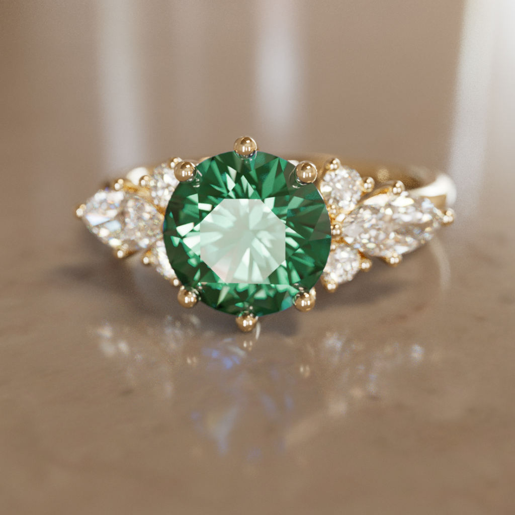 Fantasy Engagement Ring with Round Green Sapphire and Diamonds By Valley Rose