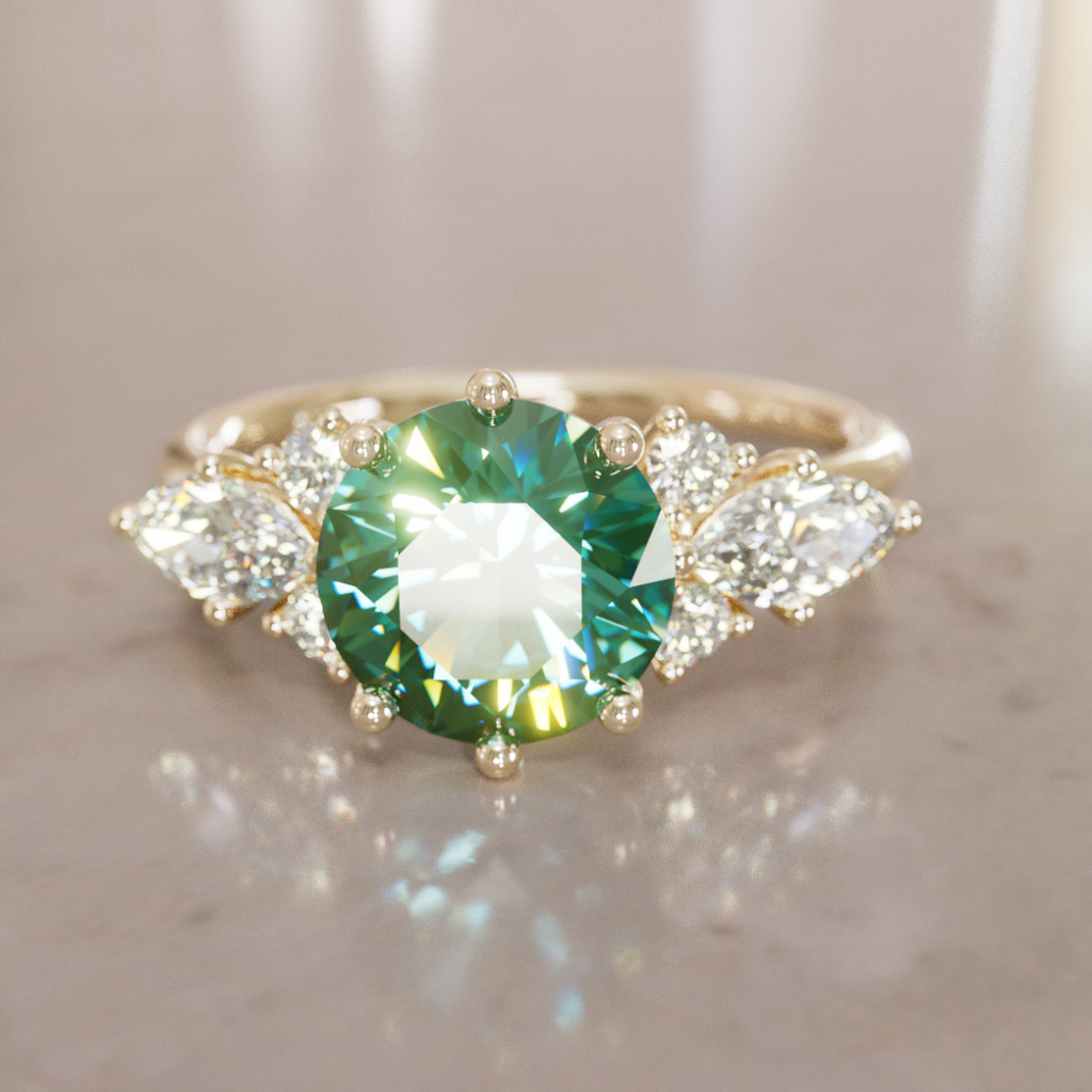 Fantasy Engagement Ring with Round Green Sapphire and Diamonds By Valley Rose