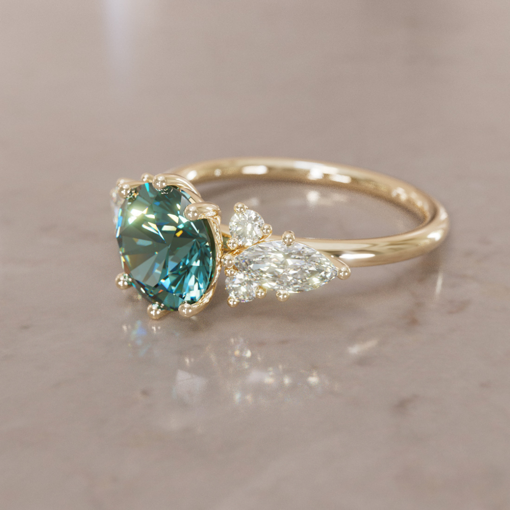 Fantasy Engagement Ring with Round Teal Sapphire and Diamonds By Valley Rose