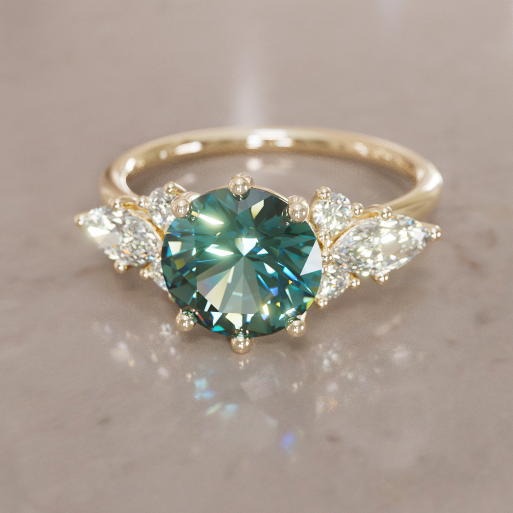 Fantasy Engagement Ring with Round Teal Sapphire and Diamonds By Valley Rose