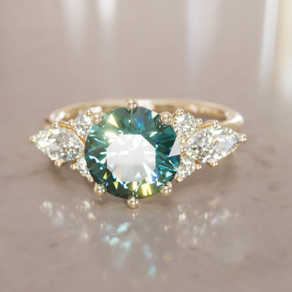 Fantasy Engagement Ring with Round Teal Sapphire and Diamonds By Valley Rose