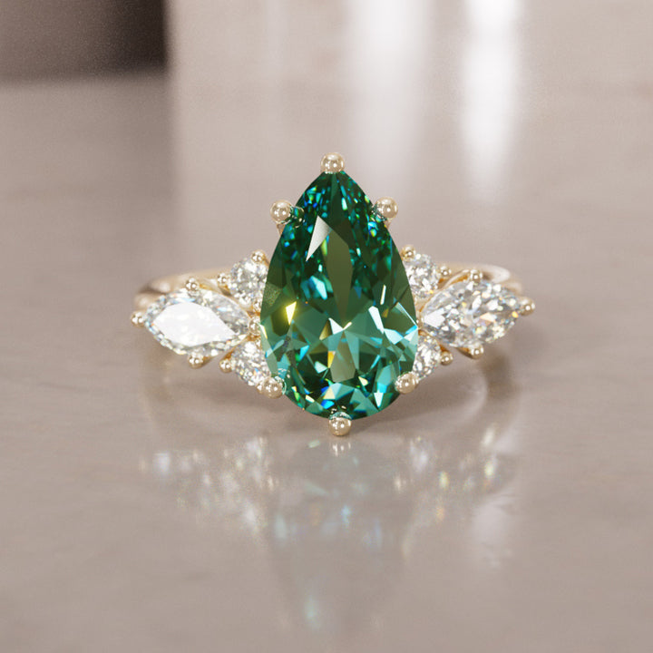 Fantasy Sapphire and Diamonds Engagement Ring with Pear Green Sapphire By Valley Rose