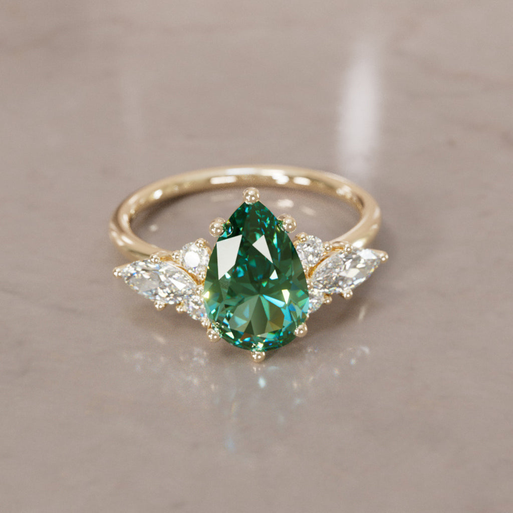 Fantasy Sapphire and Diamonds Engagement Ring with Pear Green Sapphire By Valley Rose