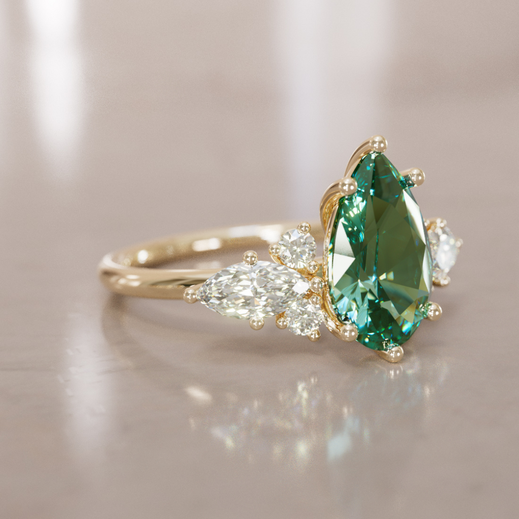 Fantasy Sapphire and Diamonds Engagement Ring with Pear Green Sapphire By Valley Rose