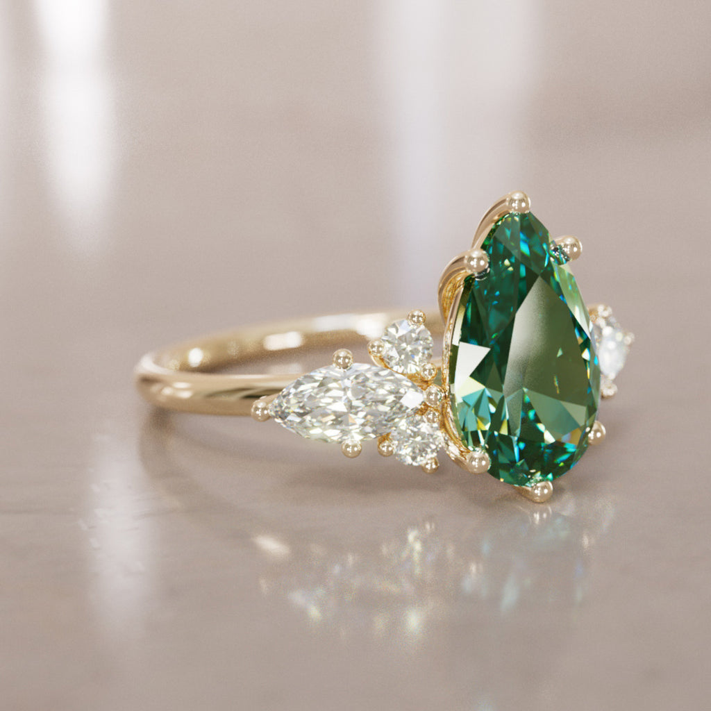 Fantasy Sapphire and Diamonds Engagement Ring with Pear Green Sapphire By Valley Rose