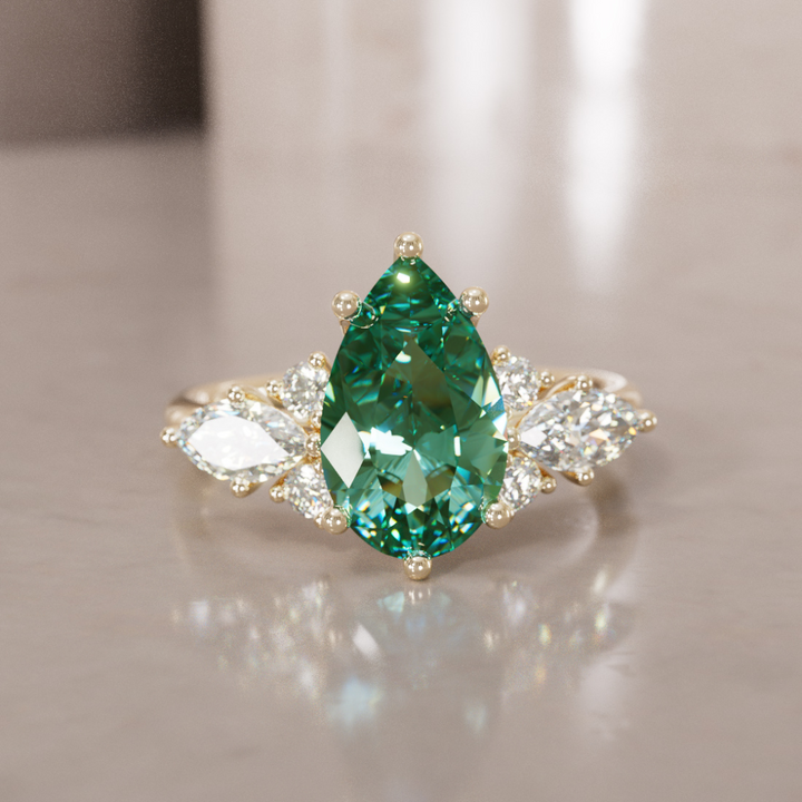 Fantasy Sapphire and Diamonds Engagement Ring with Pear Green Sapphire By Valley Rose