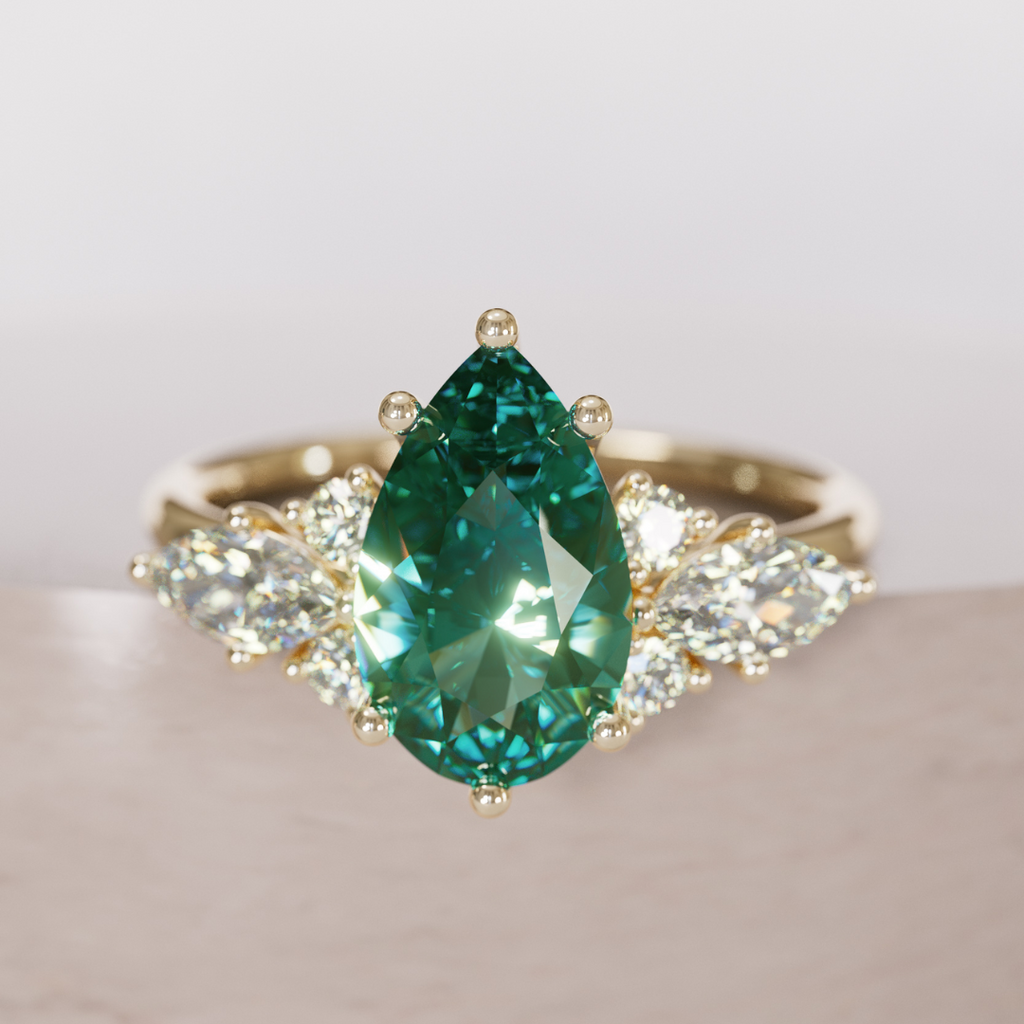 Fantasy Sapphire and Diamonds Engagement Ring with Pear Green Sapphire By Valley Rose