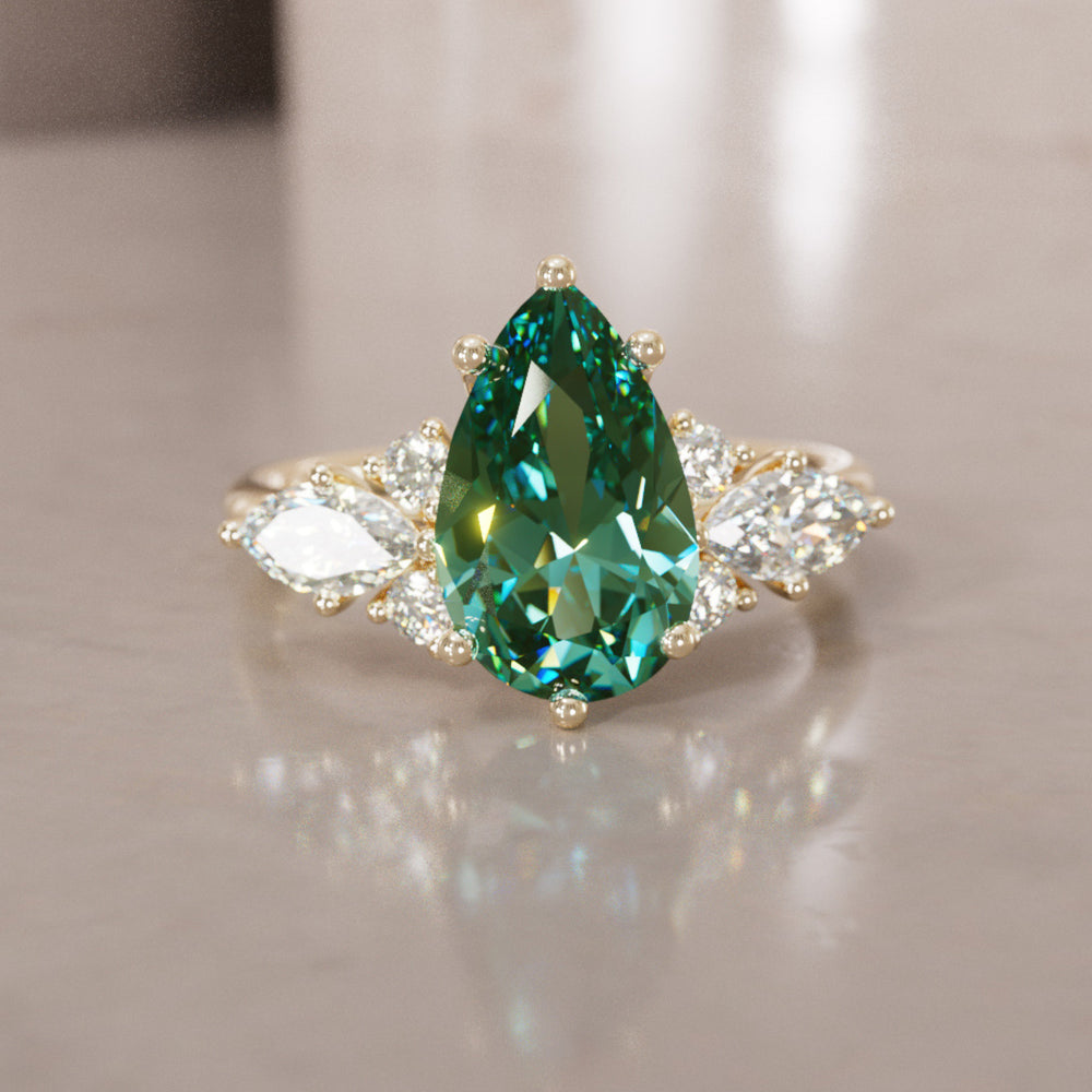 Fantasy Sapphire and Diamonds Engagement Ring with Pear Green Sapphire By Valley Rose