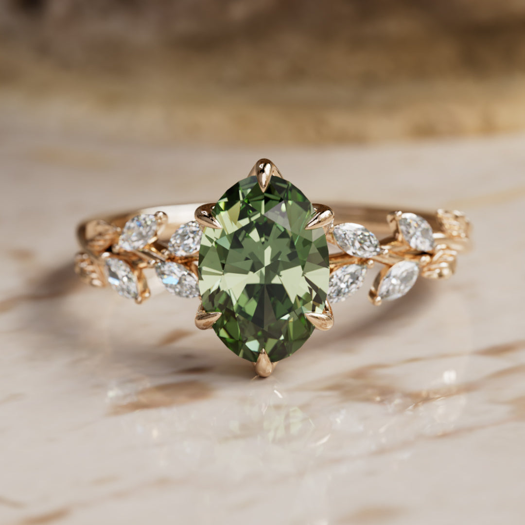 Farren Oval Green Sapphire Engagement Fairy Flower Ring Nature Inspired (Setting Only) By Valley Rose