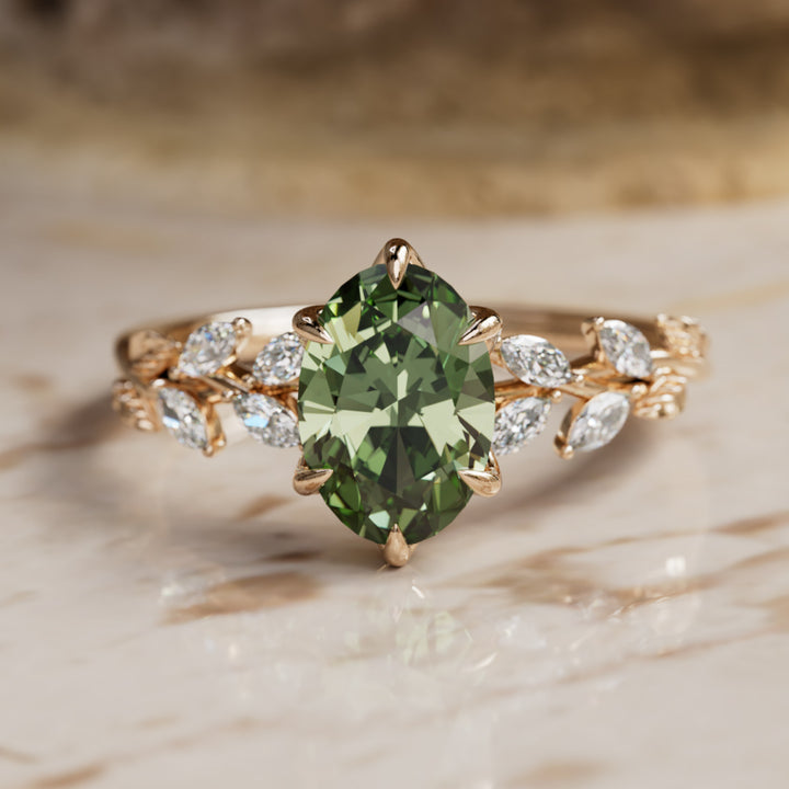 Farren Oval Green Sapphire Engagement Fairy Flower Ring Nature Inspired (Setting Only) By Valley Rose