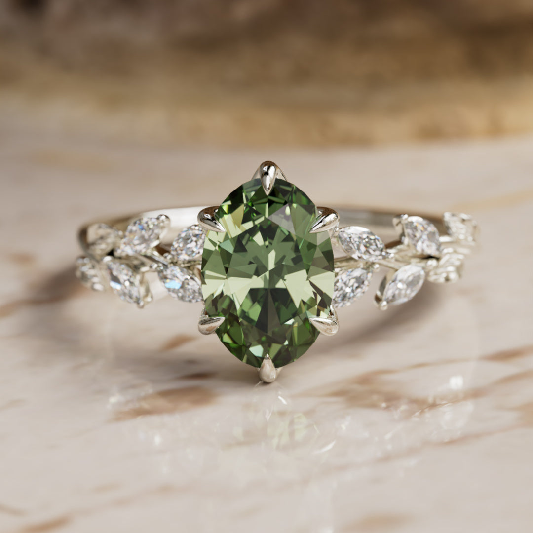 Farren Oval Green Sapphire Engagement Fairy Flower Ring Nature Inspired (Setting Only) By Valley Rose