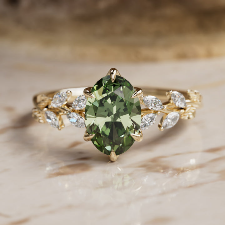 Farren Oval Green Sapphire Engagement Fairy Flower Ring Nature Inspired (Setting Only) By Valley Rose