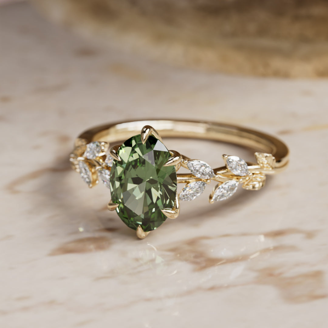 Farren Oval Green Sapphire Engagement Fairy Flower Ring Nature Inspired (Setting Only) By Valley Rose