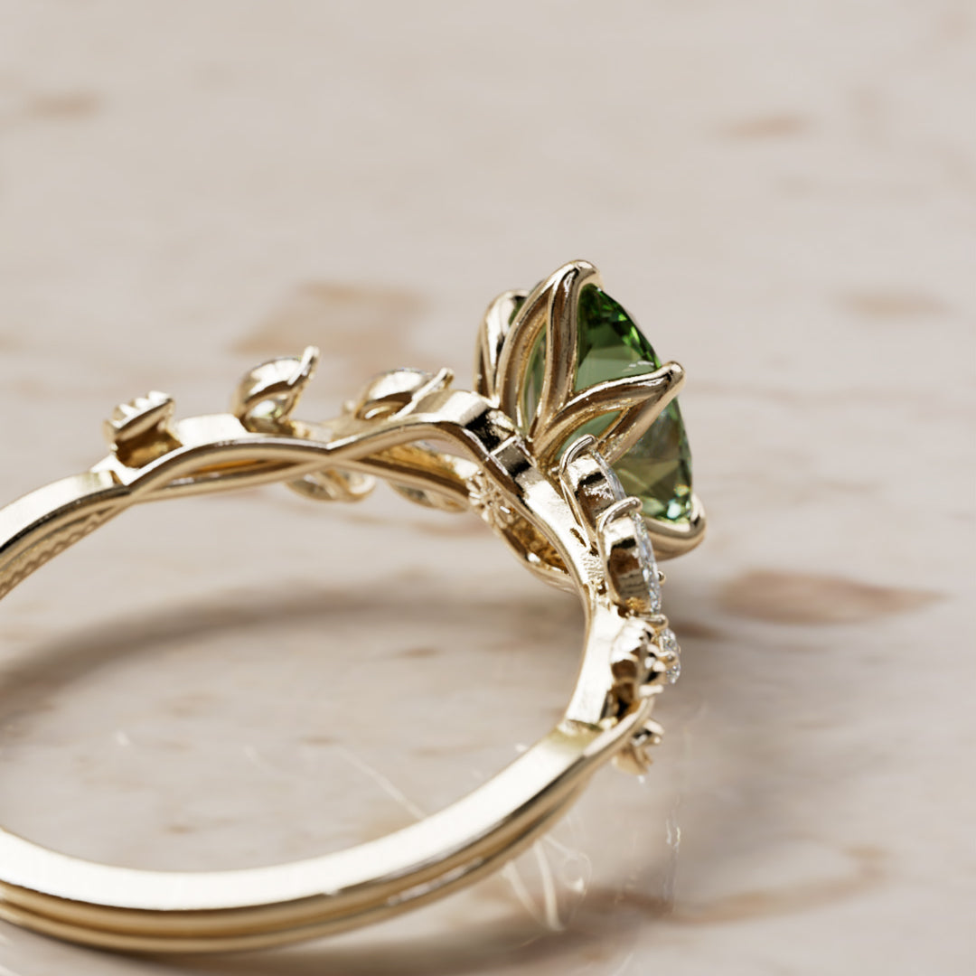 Farren Oval Green Sapphire Engagement Fairy Flower Ring Nature Inspired (Setting Only) By Valley Rose