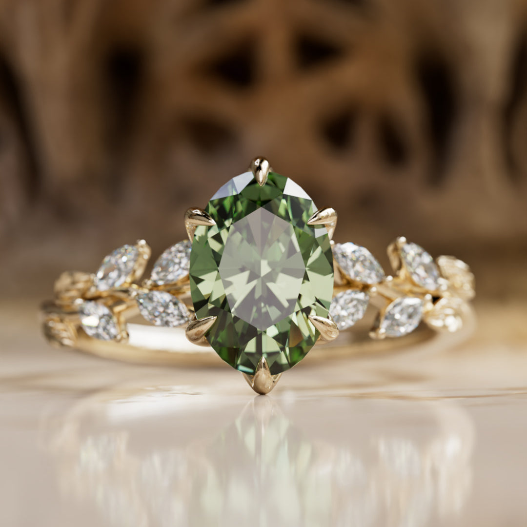 Farren Oval Green Sapphire Engagement Fairy Flower Ring Nature Inspired (Setting Only) By Valley Rose