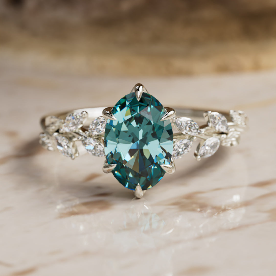 Farren Oval Teal Sapphire Engagement Fairy Flower Ring Nature Inspired (Setting Only) By Valley Rose