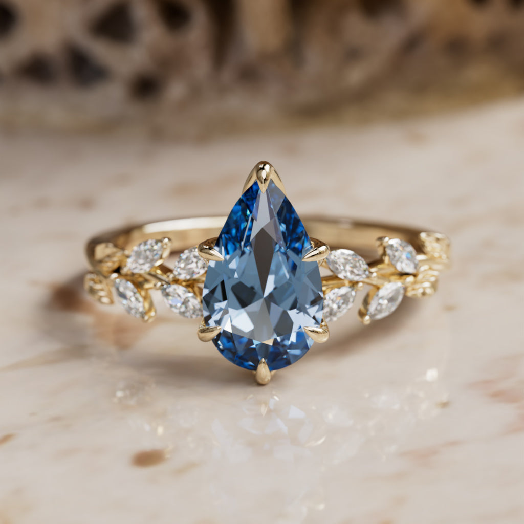 Farren Pear Blue Sapphire Engagement Fairy Flower Ring Nature Inspired (Setting Only) By Valley Rose