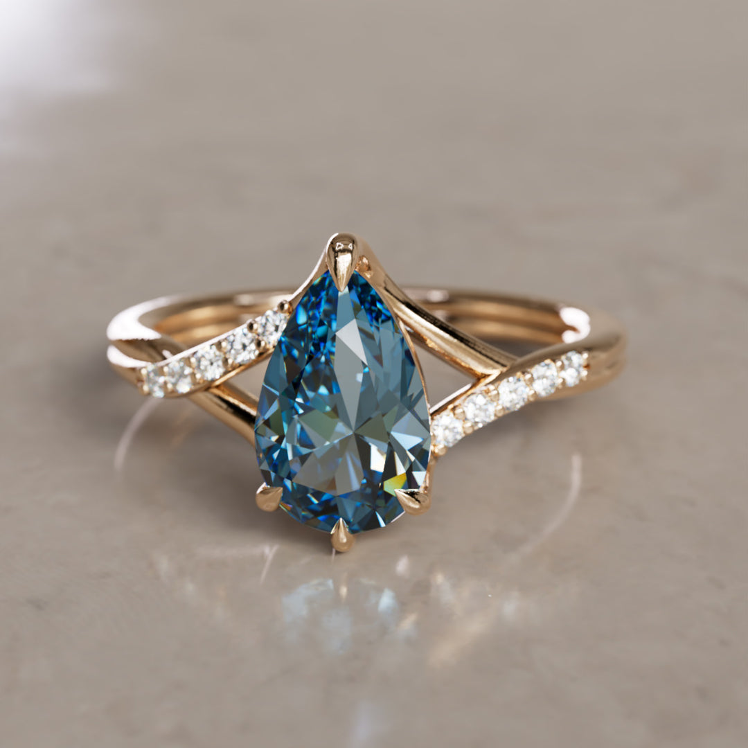 Faye Pear Blauwe Saffier Unieke Fantasie Verlovingsring (Alleen Zetting)