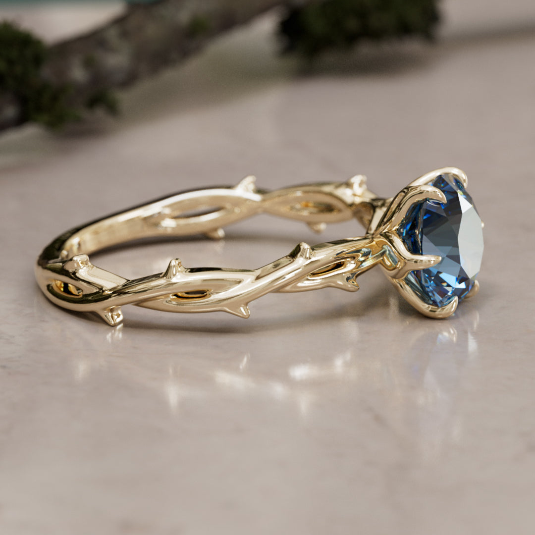 Ferelith Round Blue Sapphire Fantasy Nature Branch Engagement Ring By Valley Rose