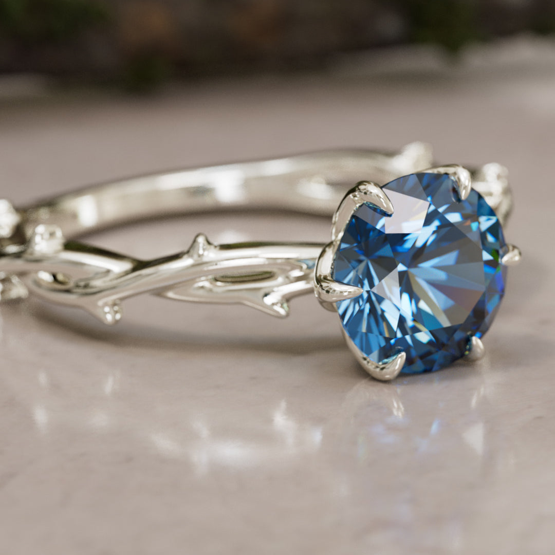 Ferelith Round Blue Sapphire Fantasy Nature Branch Engagement Ring By Valley Rose