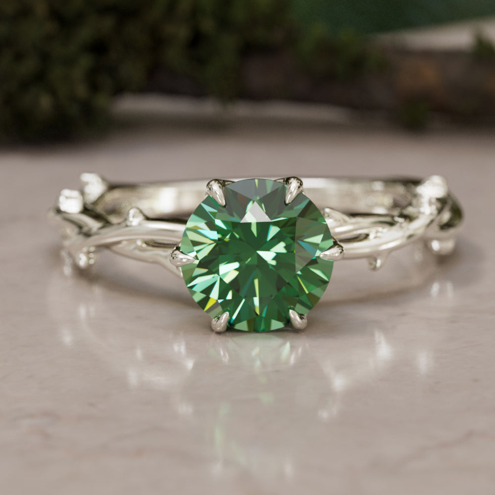 Ferelith Round Green Sapphire Fantasy Nature Branch Engagement Ring By Valley Rose