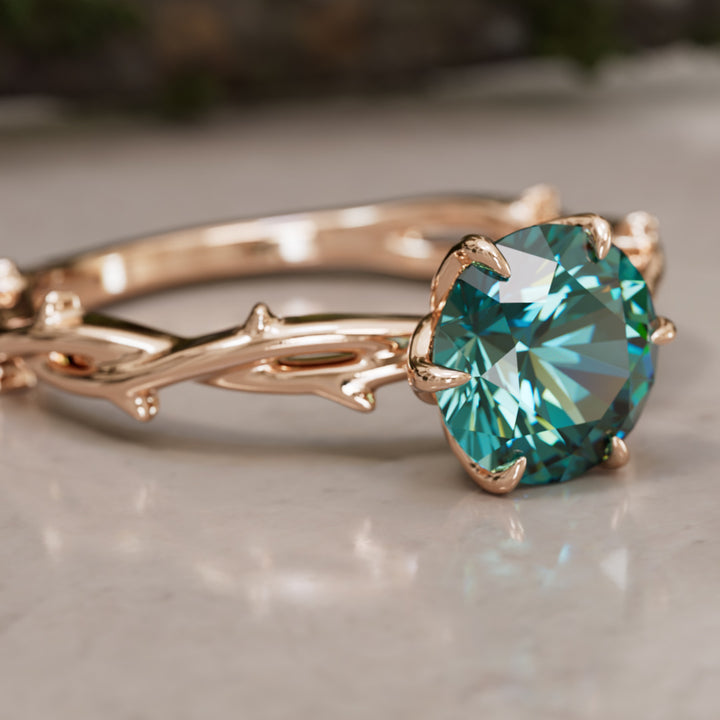 Ferelith Round Teal Sapphire Fantasy Nature Branch Engagement Ring By Valley Rose