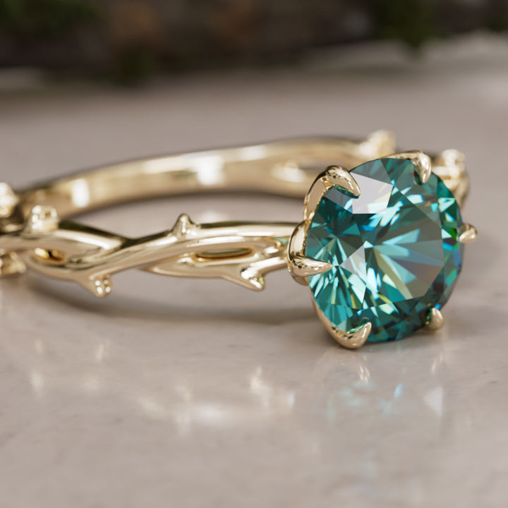 Ferelith Round Teal Sapphire Fantasy Nature Branch Engagement Ring By Valley Rose
