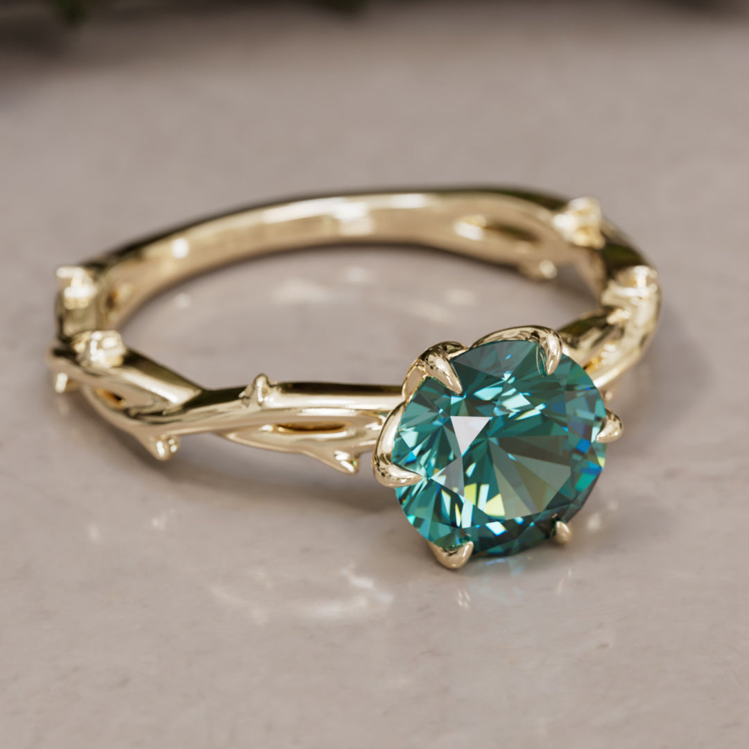 Ferelith Round Teal Sapphire Fantasy Nature Branch Engagement Ring By Valley Rose