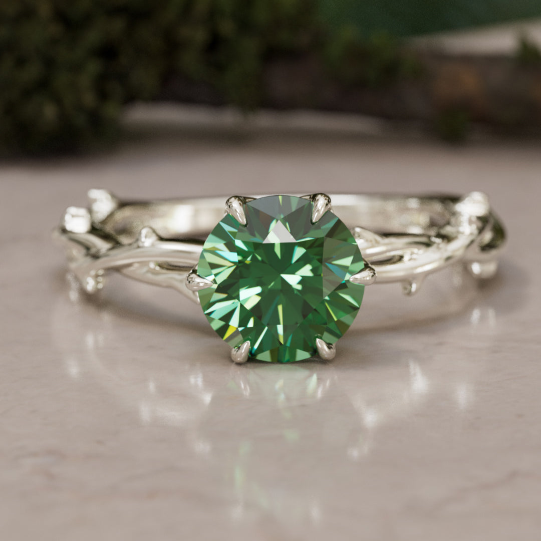 Bague de fiançailles Ferelith ronde en saphir vert branche de la nature fantastique