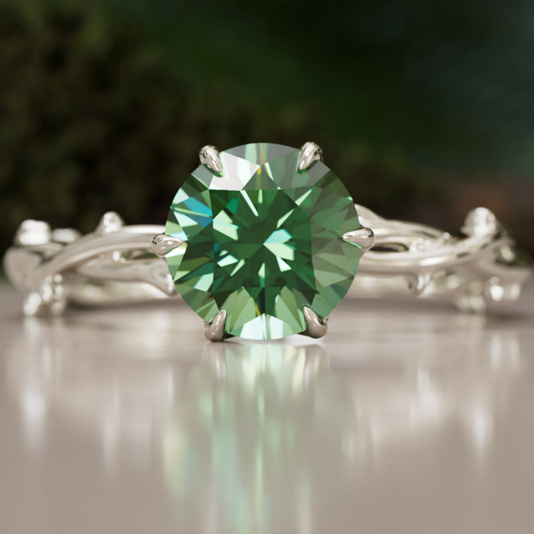 Bague de fiançailles Ferelith ronde en saphir vert branche de la nature fantastique