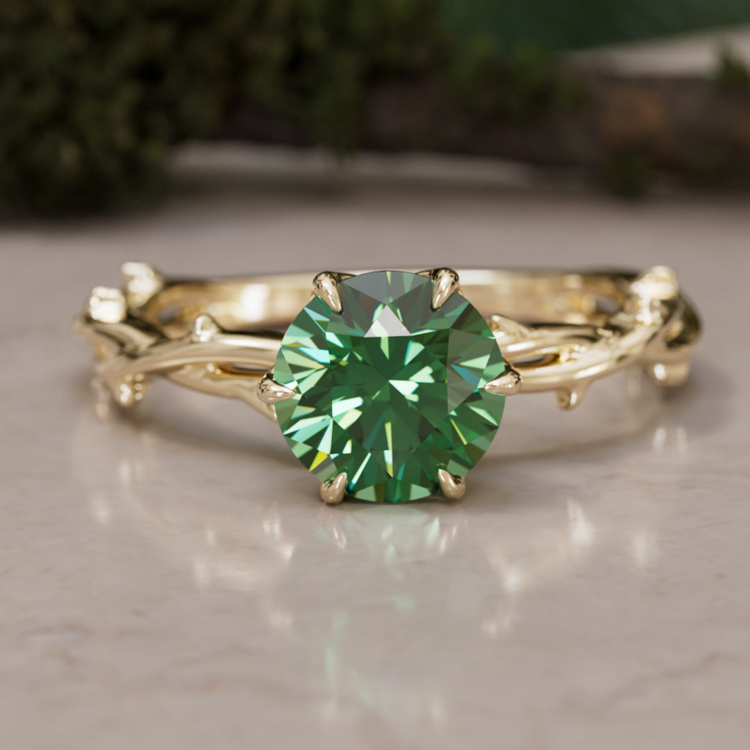 Bague de fiançailles Ferelith ronde en saphir vert branche de la nature fantastique