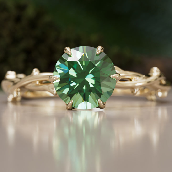 Bague de fiançailles Ferelith ronde en saphir vert branche de la nature fantastique