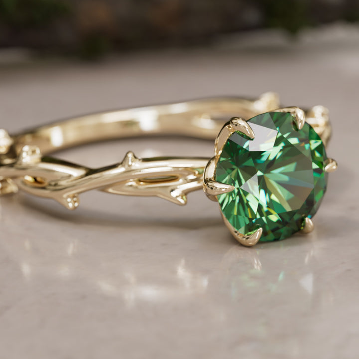 Bague de fiançailles Ferelith ronde en saphir vert branche de la nature fantastique