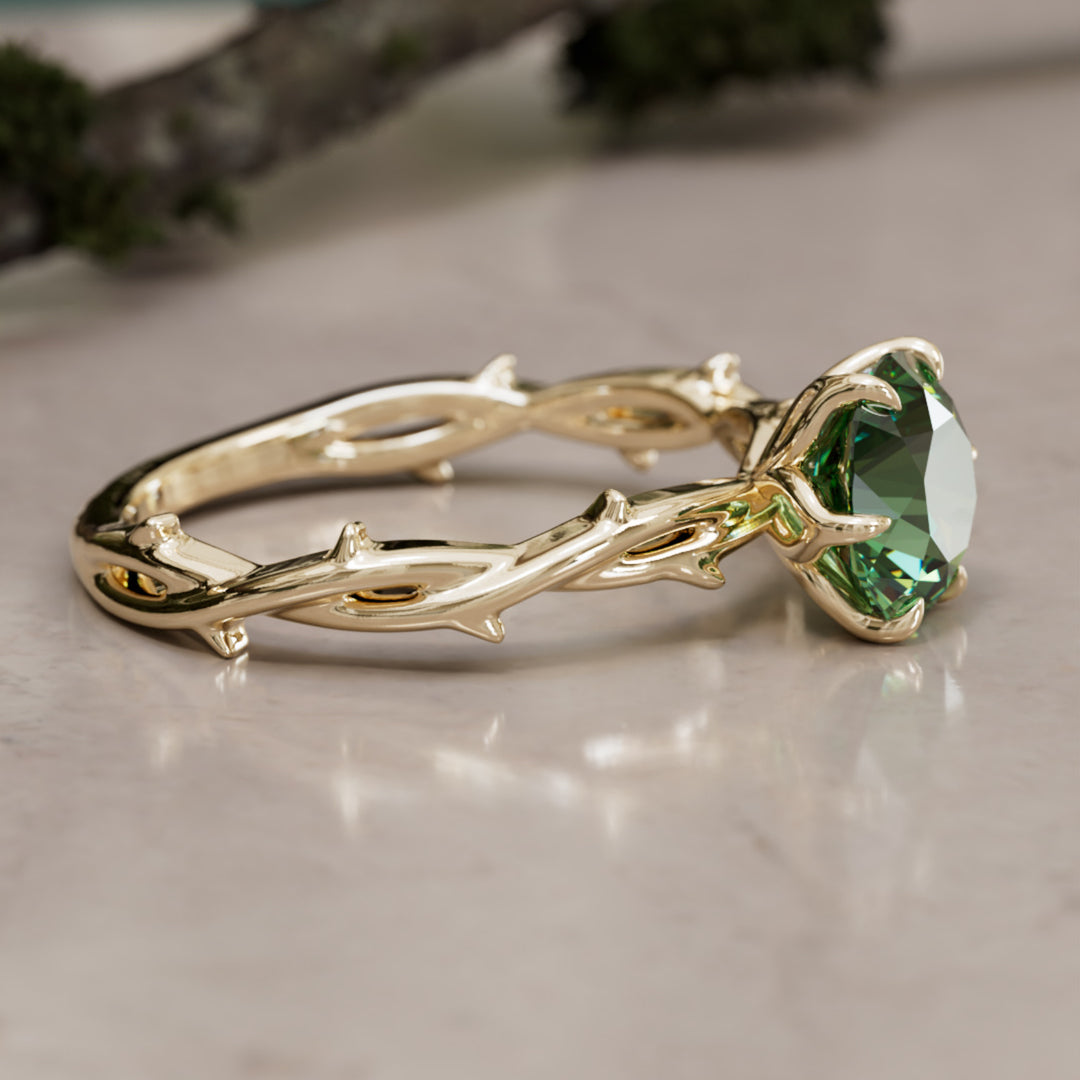 Bague de fiançailles Ferelith ronde en saphir vert branche de la nature fantastique