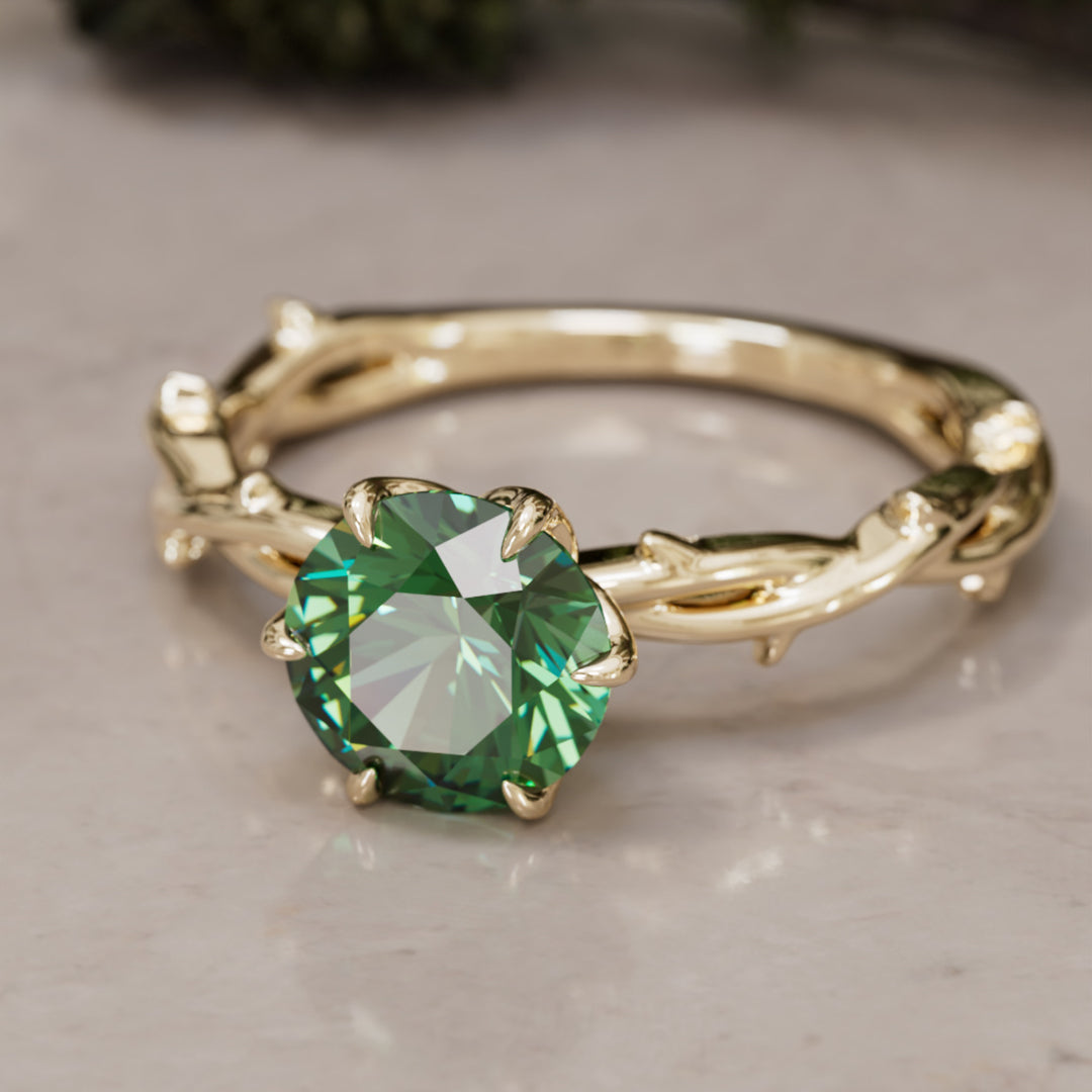 Bague de fiançailles Ferelith ronde en saphir vert branche de la nature fantastique