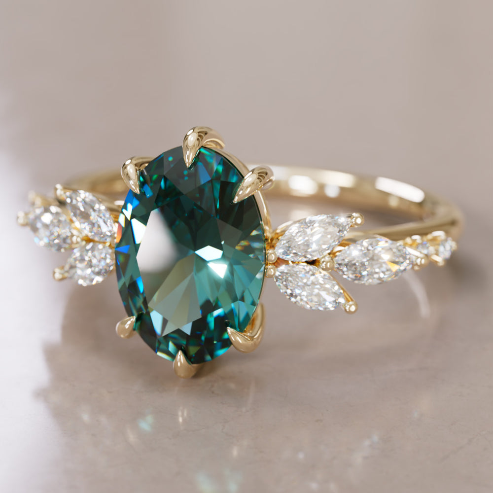 Flower Engagement Ring Nature Inspired with Oval Green Sapphire By Valley Rose