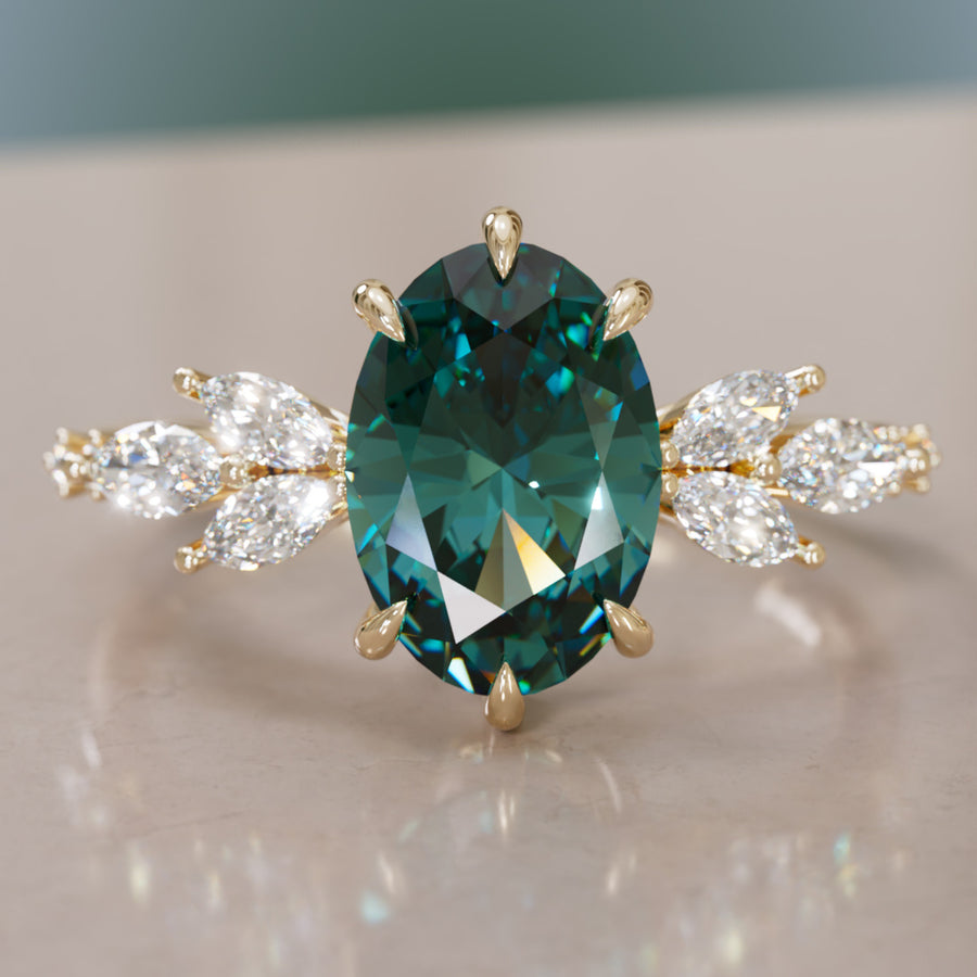 Flower Engagement Ring Nature Inspired with Oval Green Sapphire By Valley Rose