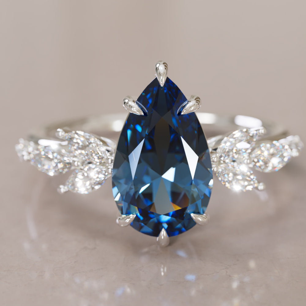 Flower Engagement Ring Nature Inspired with Pear Blue Sapphire By Valley Rose