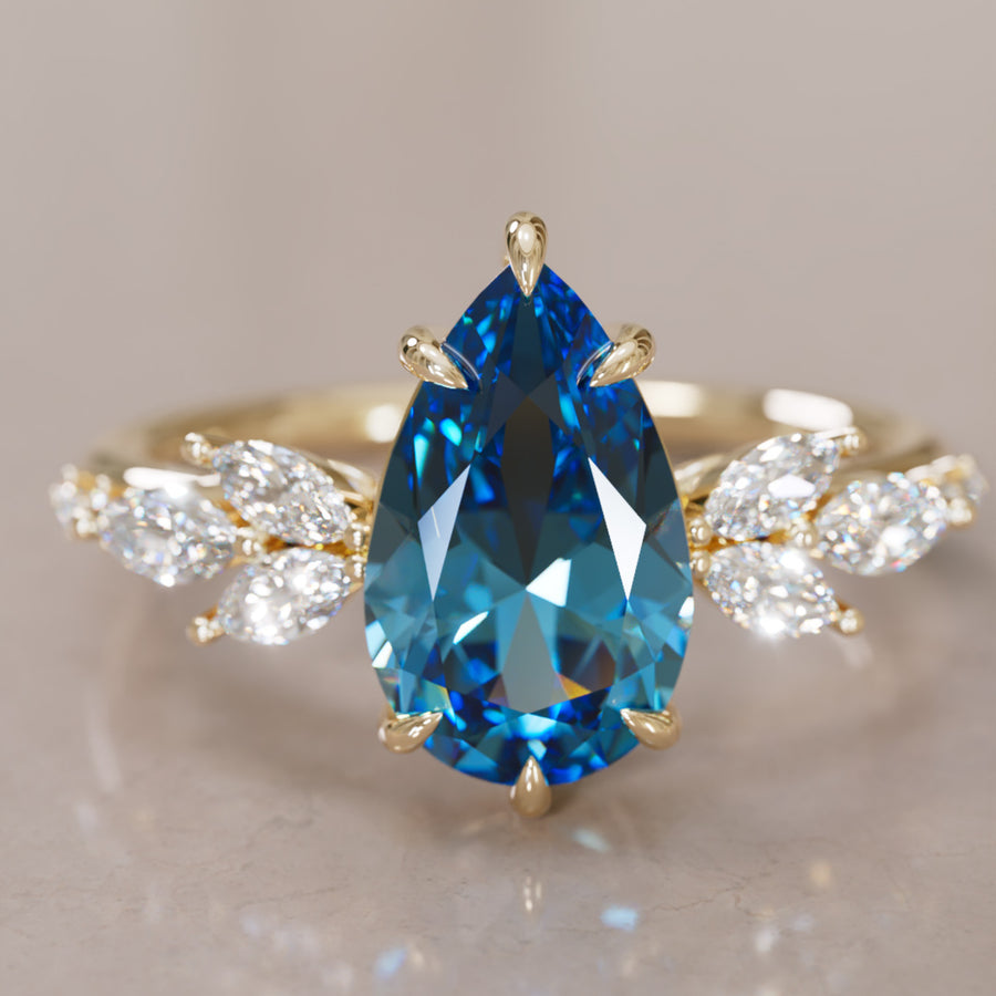 Flower Engagement Ring Nature Inspired with Pear Blue Sapphire By Valley Rose