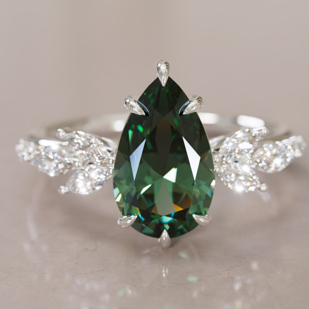 Flower Engagement Ring Nature Inspired with Pear Green Sapphire By Valley Rose