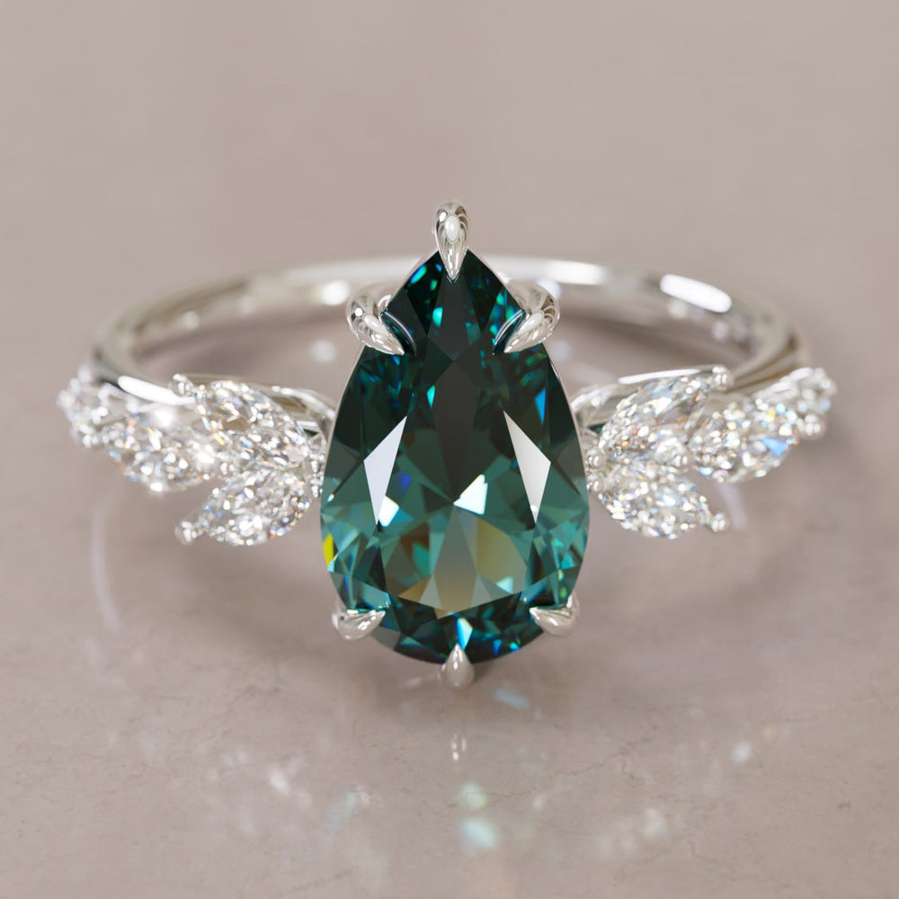 Flower Engagement Ring Nature Inspired with Pear Teal Sapphire By Valley Rose