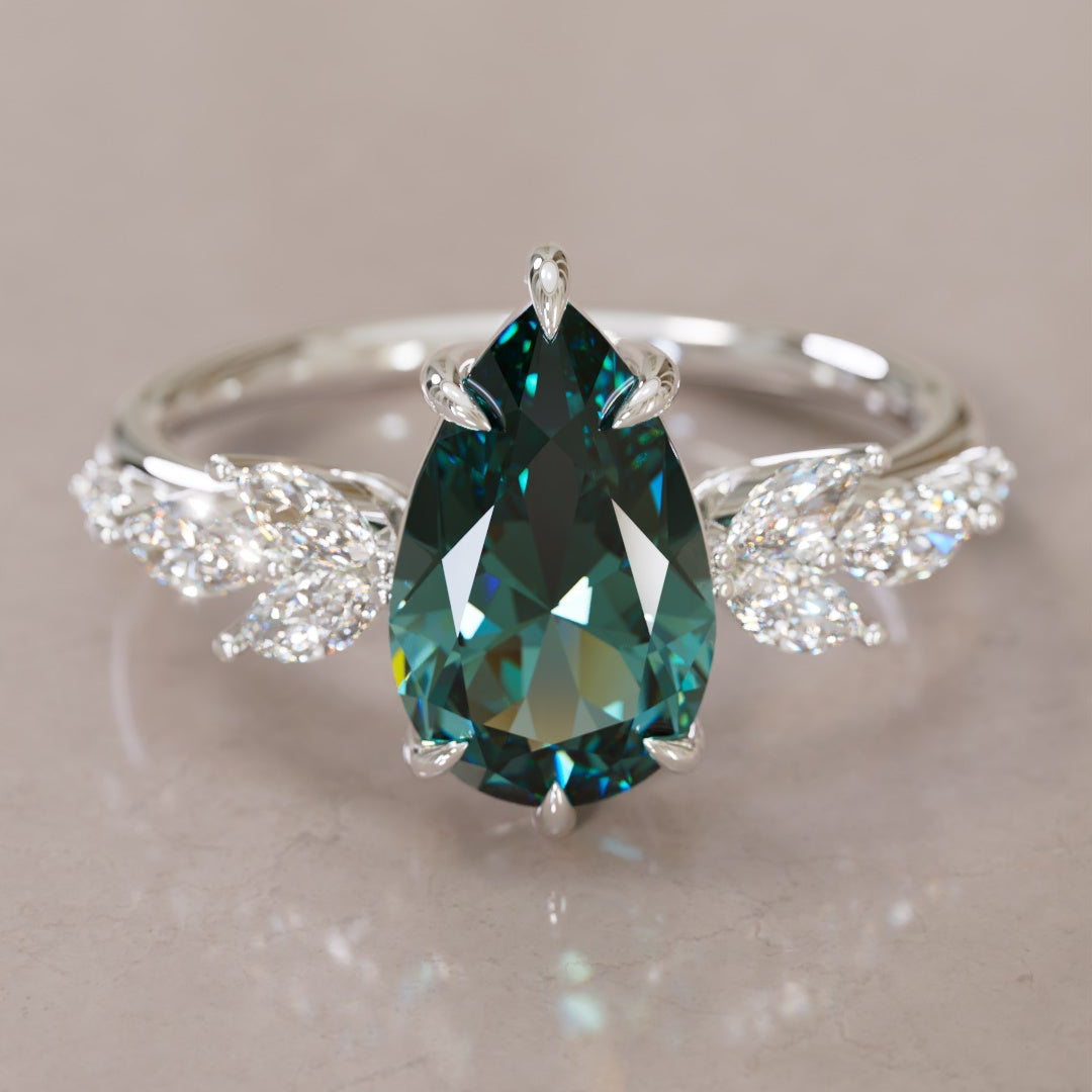 Flower Engagement Ring Nature Inspired with Pear Teal Sapphire By Valley Rose