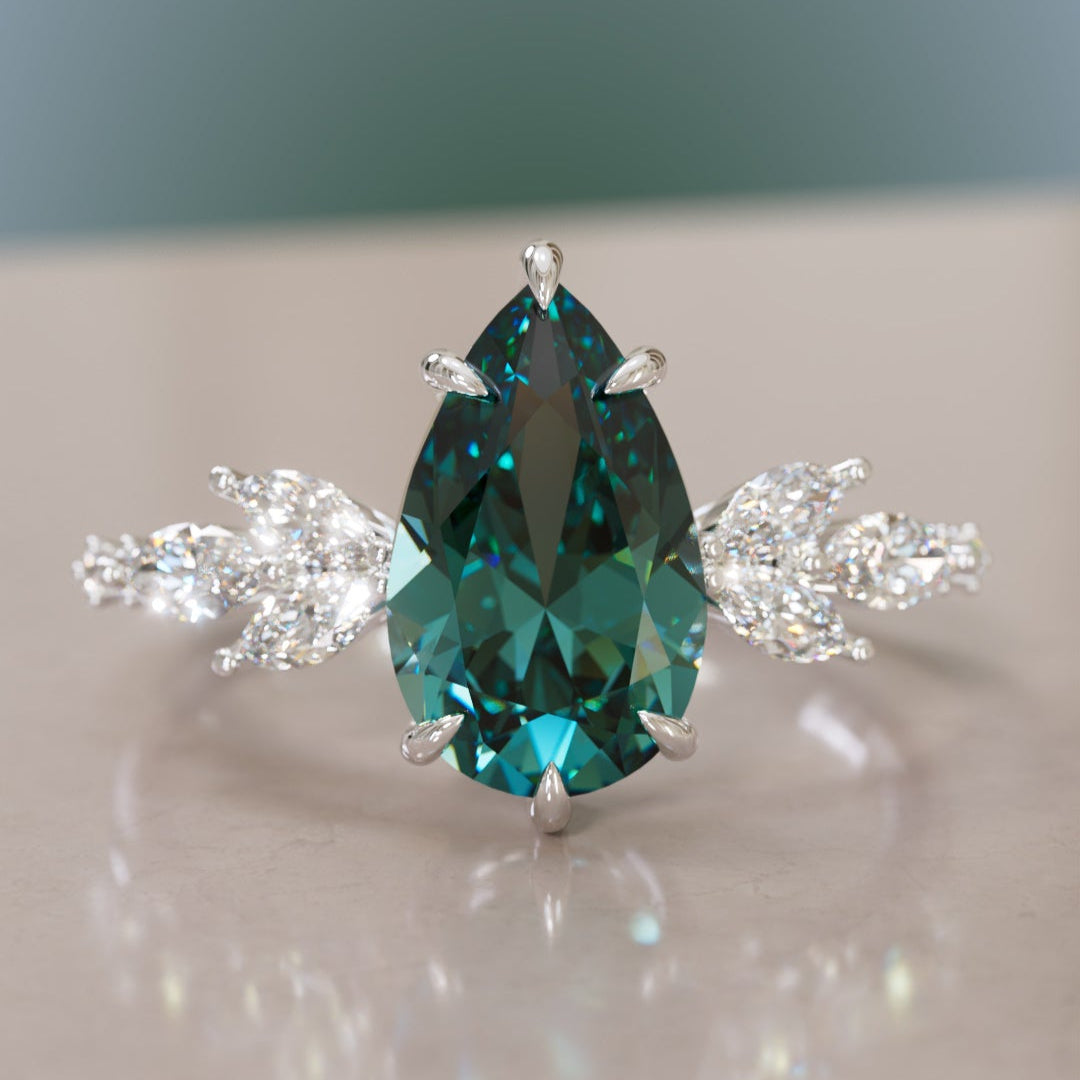 Flower Engagement Ring Nature Inspired with Pear Teal Sapphire By Valley Rose
