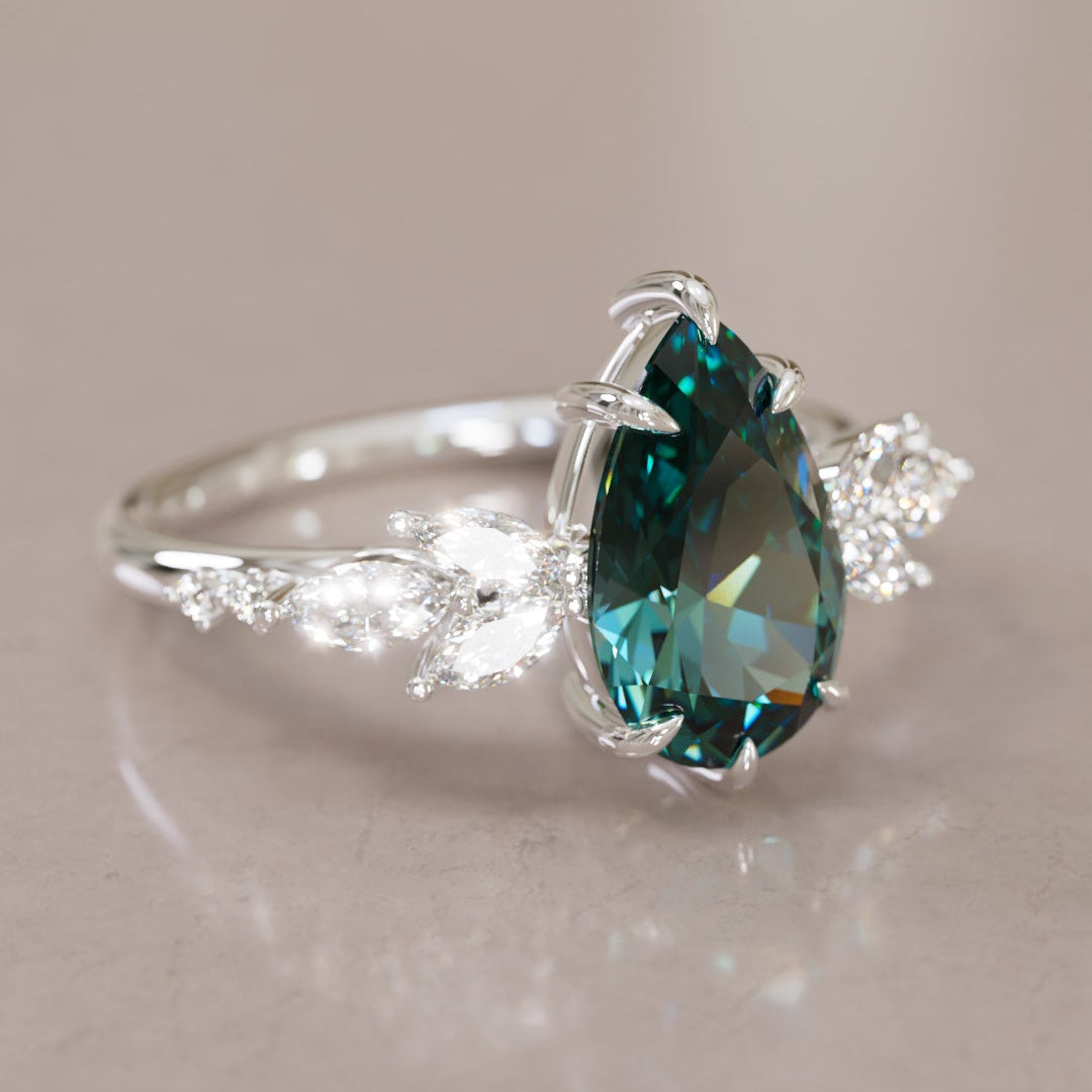 Flower Engagement Ring Nature Inspired with Pear Teal Sapphire By Valley Rose