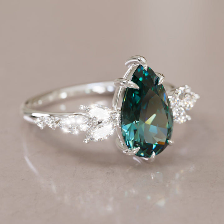 Flower Engagement Ring Nature Inspired with Pear Teal Sapphire By Valley Rose